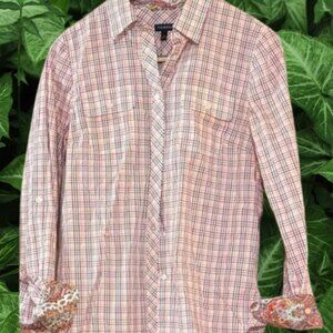 Talbots Plaid & Paisley Button Down Convertible Sleeve Blouse Women's Size 8